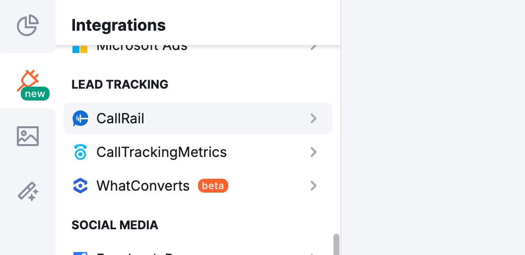 Menu of available integrations, including CallRail.